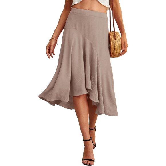 Women's Midi Skirt Elegant Flowy Ruffle High Waist High Low Midi Skirts - Picture 2 of 5